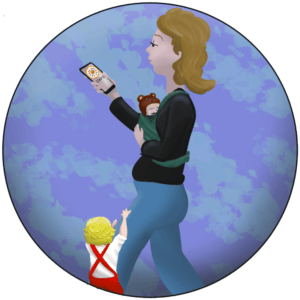 Femme tenant son smartphone ouvert sur la page d'accueil du projet CAPS, accompagnée de deux enfants, dont l'un, en pleurs, dans un porte-bébé.