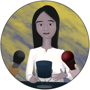 Femme témoignant devant plusieurs micros tendus vers elle