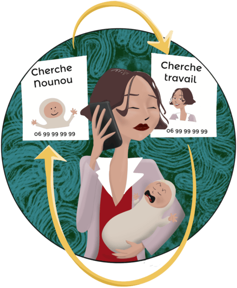 Femme au téléphone tenant un BB, qui cherche une nounou et un travail