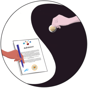 une main donne quelques euros - une autre main signe une adhésion