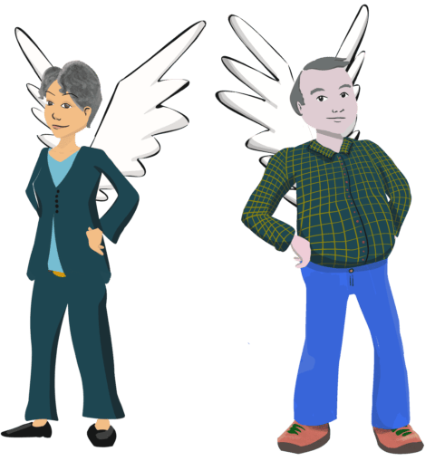 Deux personnes, mains sur les hanches, avec des ailes dans le dos