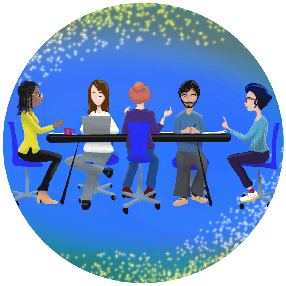 Cinq personnes en réunion, en train de "brainstormer".