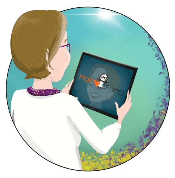 Retraitée sur tablette affichant l'appli Popmoms